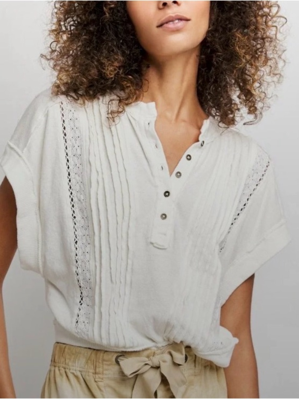We The Free Ivory Pintuck Button-Front Crop Top 100% Cotton